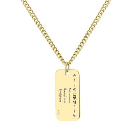 Męska złota blaszka na łańcuszku z grawerem o alergenach ze sklepu manoki.pl w kategorii Naszyjniki męskie - zdjęcie 187549327