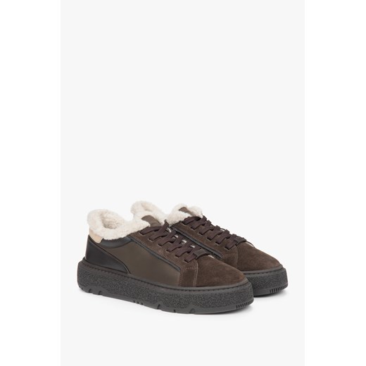 Estro: Ciemnobrązowe trampki damskie na zimę ze skóry i włoskiego weluru naturalnego Premium ze sklepu Estro w kategorii Trampki damskie - zdjęcie 187549408