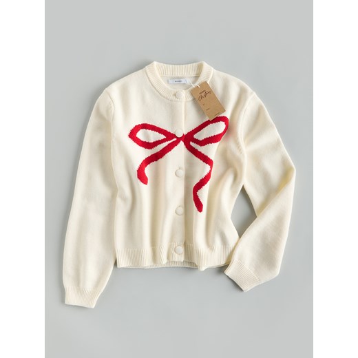 Reserved - Kardigan z kokardką - kremowy ze sklepu Reserved w kategorii Swetry damskie - zdjęcie 187554868