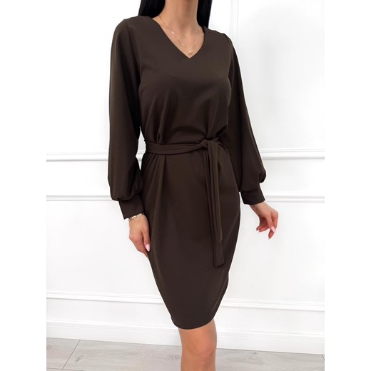 Ciemnobrązowa Sukienka z Dekoltem V ze sklepu ModnaKiecka.pl w kategorii Sukienki - zdjęcie 187556019
