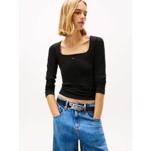 Tommy Jeans Damska koszulka z długim rękawem Kobiety Bawełna czarny jednolity ze sklepu vangraaf w kategorii Bluzki damskie - zdjęcie 187557445