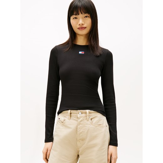 Tommy Jeans Damska koszulka z długim rękawem Kobiety Bawełna czarny jednolity ze sklepu vangraaf w kategorii Bluzki damskie - zdjęcie 187557446