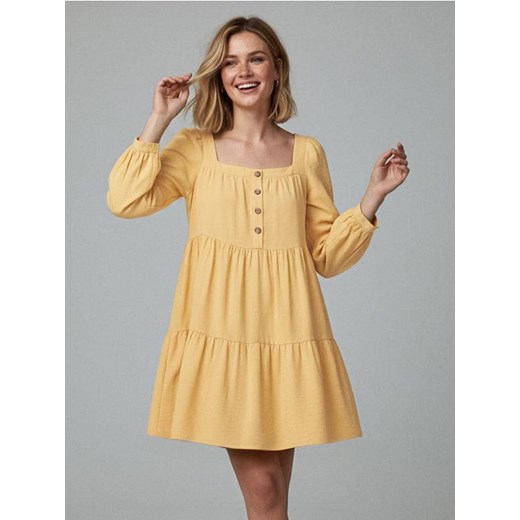 Sinsay - Rozkloszowana sukienka mini z dekoltem karo i guzikami z przodu - kremowy ze sklepu Sinsay w kategorii Sukienki - zdjęcie 187559389