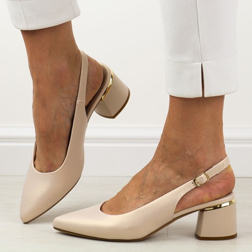 Beżowe czółenka damskie na obcasie bez pięty Sergio Leone sk175 ze sklepu suzana.pl w kategorii Czółenka - zdjęcie 187574605