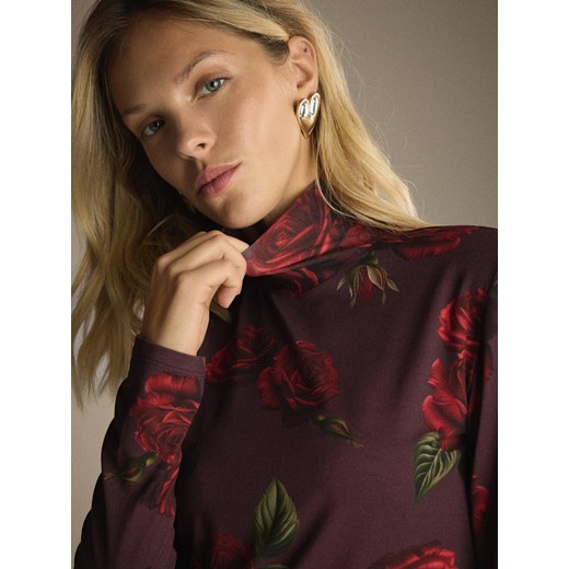 Reserved - Bluzka w róże - ciemnofioletowy Reserved S Reserved