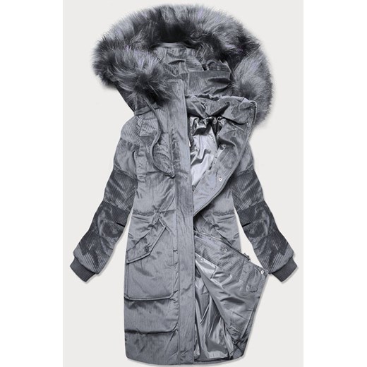 Sztruksowa zimowa kurtka damska z kapturem szara (7764) ze sklepu goodlookin.pl w kategorii Kurtki damskie - zdjęcie 187578386