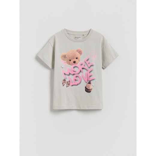 Reserved - Bawełniany t-shirt z nadrukiem - jasnoszary ze sklepu Reserved w kategorii Bluzki dziewczęce - zdjęcie 187583528