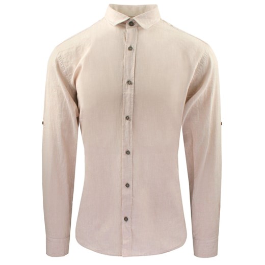 Koszula Weekendowa z Lnem, Krój Taliowany - Victorio - Beż KSDCVCTO799sl ze sklepu JegoSzafa.pl w kategorii Koszule męskie - zdjęcie 187584227