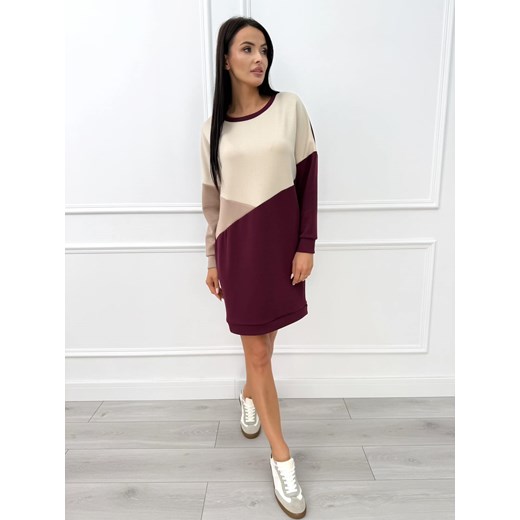 Bordowo-Beżowa Bawełniana Sukienka ze sklepu ModnaKiecka.pl w kategorii Sukienki - zdjęcie 187592065