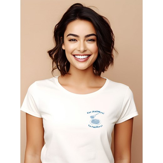 WOOOP Koszulka &quot;Eat spaghetti to forgetti&quot; w kolorze białym ze sklepu Limango Polska w kategorii Bluzki damskie - zdjęcie 187593495