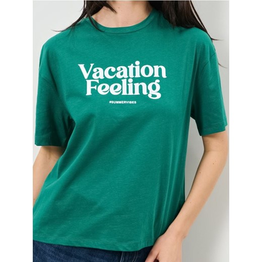 Sinsay - Bawełniana koszulka z napisem - ciemny turkus ze sklepu Sinsay w kategorii Bluzki damskie - zdjęcie 187600855