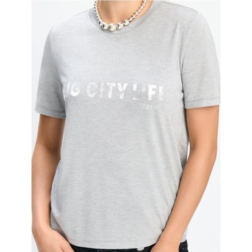 Sinsay - Koszulka z napisem i krótkim rękawem - srebrny ze sklepu Sinsay w kategorii Bluzki damskie - zdjęcie 187600877