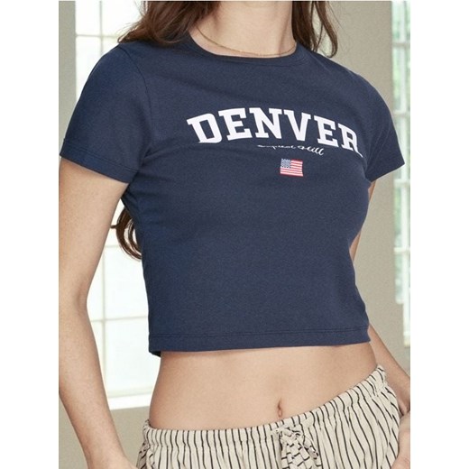 Sinsay - Krótka koszulka z napisem - niebieski ze sklepu Sinsay w kategorii Bluzki damskie - zdjęcie 187600878