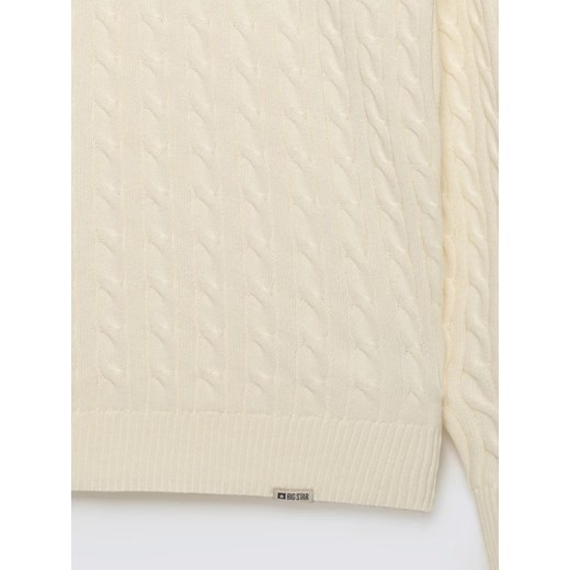 Sweter męski ze splotem warkoczowym i haftem kremowy Niser100 ze sklepu Big Star w kategorii Swetry męskie - zdjęcie 187606827