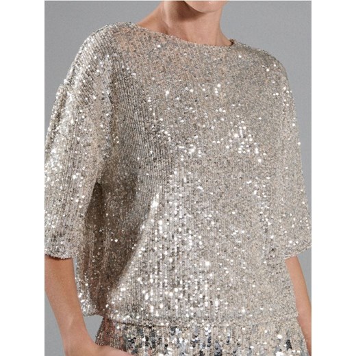 Sinsay - Cekinowa bluzka z krótkim rękawem - srebrny ze sklepu Sinsay w kategorii Bluzki damskie - zdjęcie 187610088