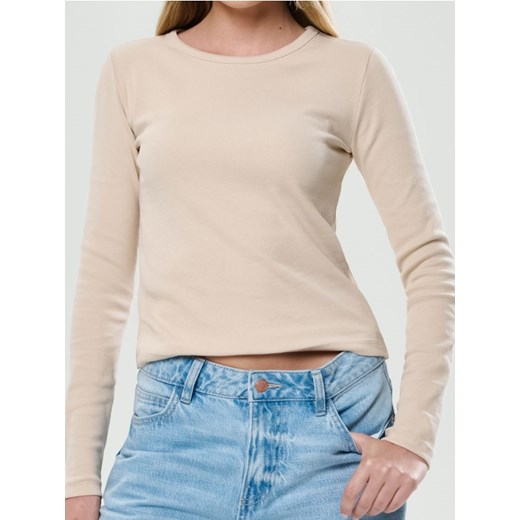 Sinsay - Prążkowana koszulka z długim rękawem - beżowy ze sklepu Sinsay w kategorii Bluzki damskie - zdjęcie 187610126