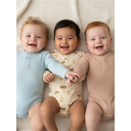 Sinsay - Body z prążkowanej dzianiny 3 pack - beżowy ze sklepu Sinsay w kategorii Odzież dla niemowląt - zdjęcie 187615538