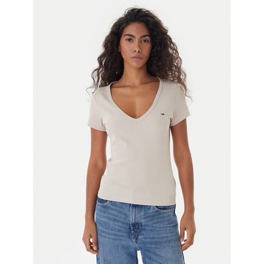 Tommy Jeans T-Shirt Essential DW0DW17385 Beżowy Slim Fit ze sklepu MODIVO w kategorii Bluzki damskie - zdjęcie 187620596