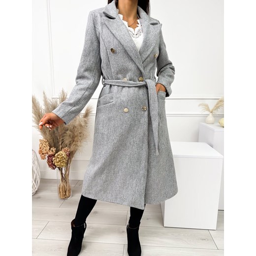 Szary Płaszcz z Guzikami i Paskiem ze sklepu ModnaKiecka.pl w kategorii Płaszcze damskie - zdjęcie 187623756