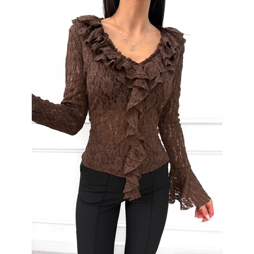 Czekoladowa Koronkowa Bluzka z Żabotem ze sklepu ModnaKiecka.pl w kategorii Bluzki damskie - zdjęcie 187630555