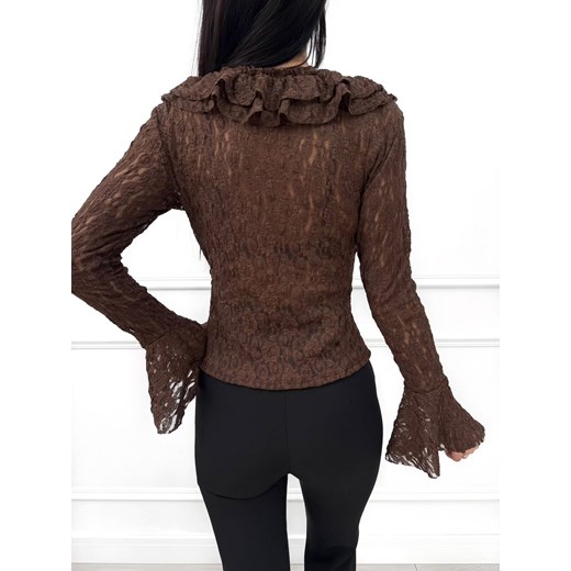 Czekoladowa Koronkowa Bluzka z Żabotem Modnakiecka.pl L/XL ModnaKiecka.pl