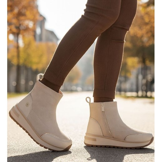 Sportowe botki damskie na zimę beżowe /E1-1 18557 W205/ ze sklepu Pantofelek24.pl w kategorii Botki - zdjęcie 187630838