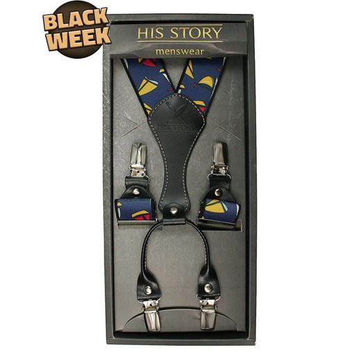 Szelki Szerokie, Granatowe w Żółte Żaglówki, Męskie, Marinistyczne, Skóra Naturalna -HIS STORY SZHSTR0092 ze sklepu JegoSzafa.pl w kategorii Szelki - zdjęcie 187630998