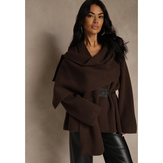 Brązowy Elegancki Kardigan z Wiskozy z Paskiem i Narzutką Roweda ze sklepu renee.pl w kategorii Swetry damskie - zdjęcie 187632149