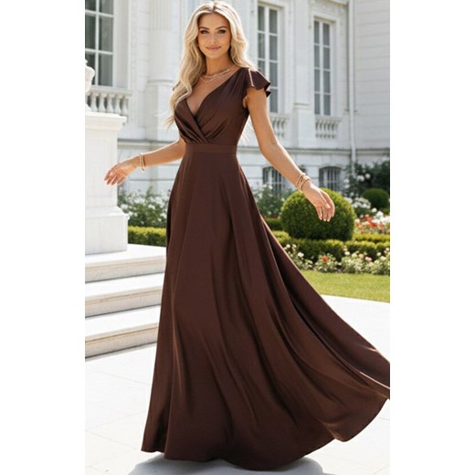 Satynowa długa suknia z dekoltem czekoladowa 411-15 CRYSTAL, Kolor czekoladowy, Rozmiar L, Numoco ze sklepu Primodo w kategorii Sukienki - zdjęcie 187642515