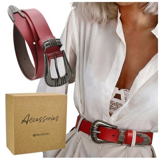 CZERWONY PASEK DAMSKI SKÓRA NATURALNA OZDOBNA KLAMRA ze sklepu PROMESSO w kategorii Paski damskie - zdjęcie 187643538