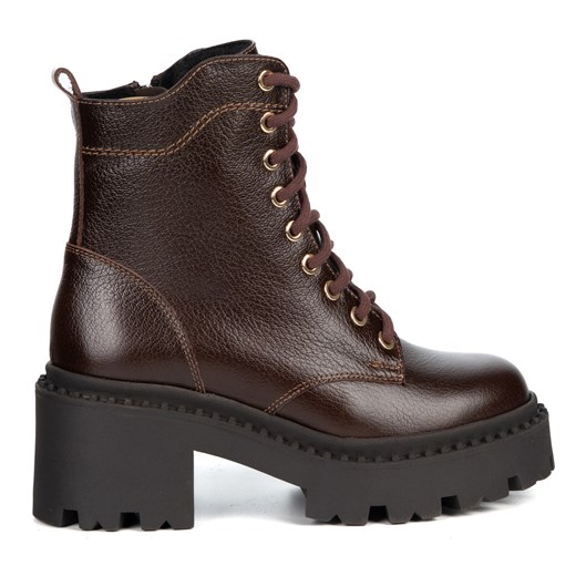 Botki damskie skórzane Olivier 404BB sznurowane na słupku z zamkiem brązowe ze sklepu butyolivier w kategorii Botki - zdjęcie 187647467