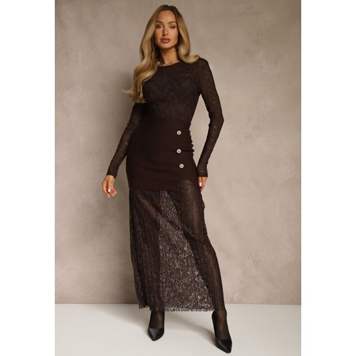 Brązowa Spódnica z Dzianiny z Wiskozą z Koronkowym Dołem Zdobiona Guzikami Sewune ze sklepu renee.pl w kategorii Spódnice - zdjęcie 187648135