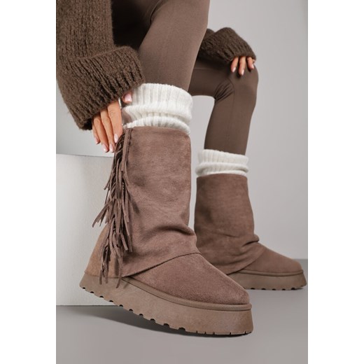 Jasnobrązowe Botki Śniegowce z Wywiniętą Cholewką Zdobioną Frędzlami Sewela ze sklepu renee.pl w kategorii Śniegowce damskie - zdjęcie 187648159