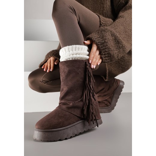 Brązowe Botki Śniegowce z Wywiniętą Cholewką Zdobioną Frędzlami Sewela ze sklepu renee.pl w kategorii Śniegowce damskie - zdjęcie 187648166