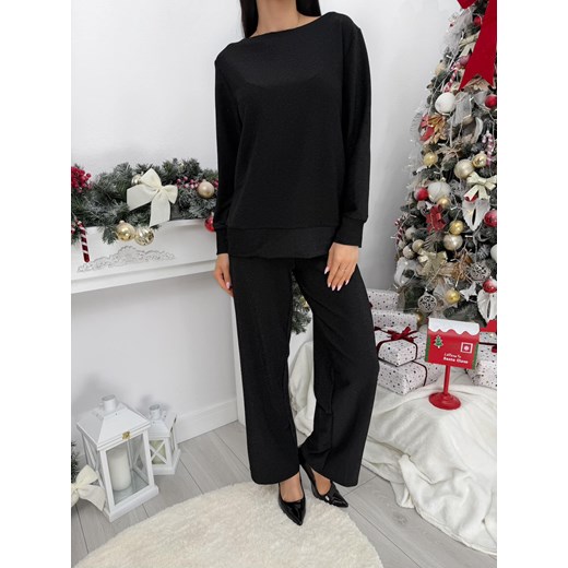 Czarny Połyskujący Komplet Bluzka + Spodnie ze sklepu ModnaKiecka.pl w kategorii Komplety i garnitury damskie - zdjęcie 187651805