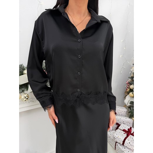 Czarna Satynowa Koszula z Koronką Modnakiecka.pl 46 ModnaKiecka.pl