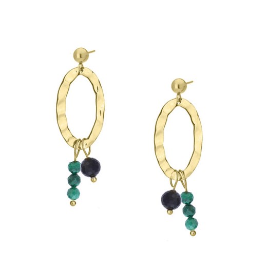 Zielony malachit i turmalin młotkowane złote kolczyki wiszące z kamieniami ze sklepu manoki.pl w kategorii Kolczyki - zdjęcie 187662049