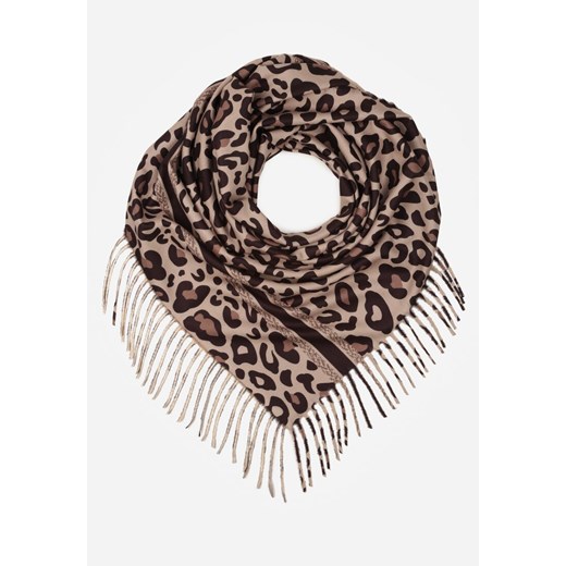 Brązowy Wiskozowy Szalik w Panterkę Wykończony Frędzlami Alefera ze sklepu renee.pl w kategorii Szaliki i chusty damskie - zdjęcie 187665638