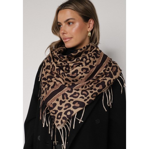Ciemnobrązowy Panterkowy Szalik z Wiskozy Zdobiony Frędzlami Ferenea ze sklepu born2be.pl w kategorii Szaliki i chusty damskie - zdjęcie 187665916