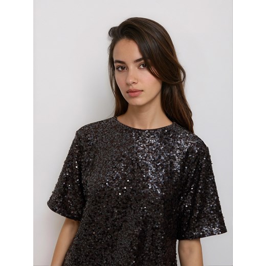 Reserved - Cekinowy t-shirt boxy - ciemnobrązowy ze sklepu Reserved w kategorii Bluzki damskie - zdjęcie 187666037