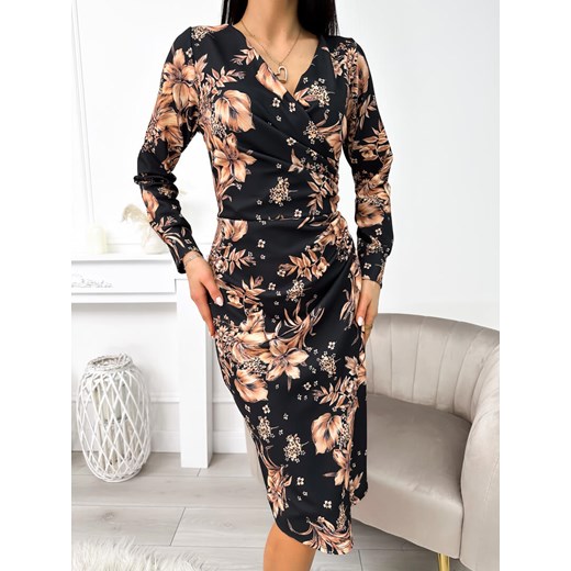 Czarna Sukienka z Motywem Roślinnym ze sklepu ModnaKiecka.pl w kategorii Sukienki - zdjęcie 187667306