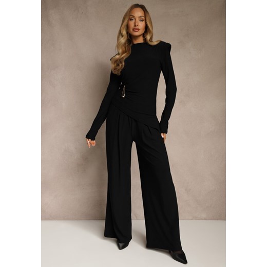 Czarny Elegancki Komplet Spodnie Wide Leg i Bluzka z Poduszkami w Ramionach Sewinea ze sklepu renee.pl w kategorii Komplety i garnitury damskie - zdjęcie 187667368