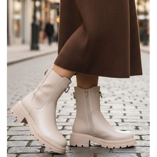 Beżowe wysokie botki damskie sztyblety /L3-3 H2 18566 W18-45/ ze sklepu Pantofelek24.pl w kategorii Botki - zdjęcie 187676288