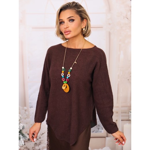 SWETER JEDNOLITY DZIANINOWY Z NASZYJNIKIEM- CZEKOLADOWY ze sklepu olika.com.pl w kategorii Swetry damskie - zdjęcie 187677548