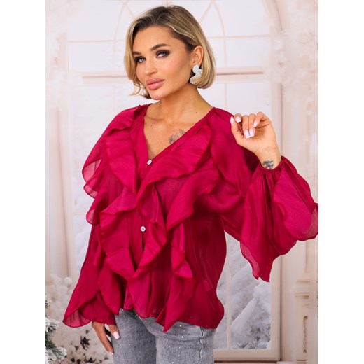 KOSZULA Z FALBANAMI ZAPINANA NA GUZIKI- BORDOWA ze sklepu olika.com.pl w kategorii Koszule damskie - zdjęcie 187677566