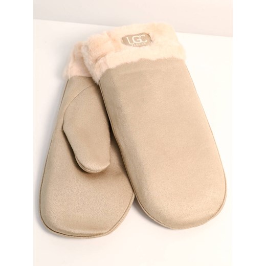 RĘKAWICZKI ZAMSZOWE Z FUTRZANYM ŚCIAGACZEM Z JEDNYM PALCEM Z LOGIEM LGC- BEŻOWE ze sklepu olika.com.pl w kategorii Rękawiczki damskie - zdjęcie 187677606