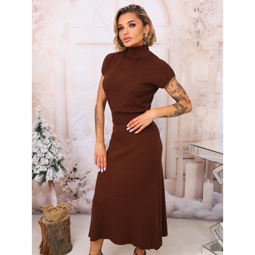 KOMPLET DZIANINOWY BLUZKA+ SPÓDNICA  MIDI- CZEKOLADOWA ze sklepu olika.com.pl w kategorii Komplety i garnitury damskie - zdjęcie 187677619