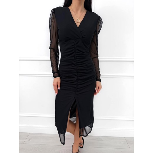 Czarna Sukienka z Marszczeniem ze sklepu ModnaKiecka.pl w kategorii Sukienki - zdjęcie 187681468