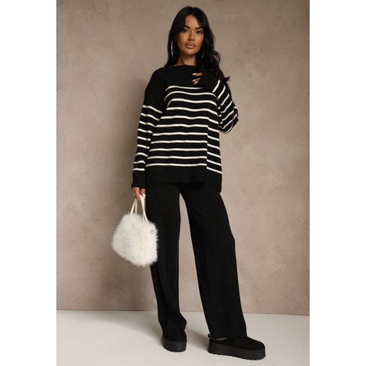 Czarny Komplet z Bawełną i Wełną Spodnie o Szerokim Kroju i Sweter w Paski Reimeia ze sklepu renee.pl w kategorii Komplety i garnitury damskie - zdjęcie 187681698