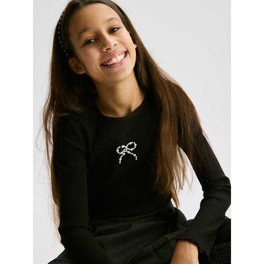 Reserved - Prążkowana koszulka z aplikacją - czarny ze sklepu Reserved w kategorii Bluzki dziewczęce - zdjęcie 187684336